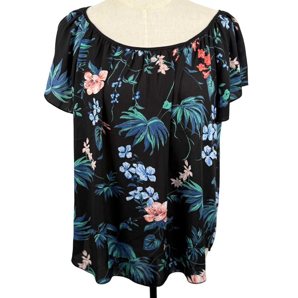 Philosophy Republic M Black‎ Tropical Floral Palm Leaf Flutter Sleeve Blouse EUC